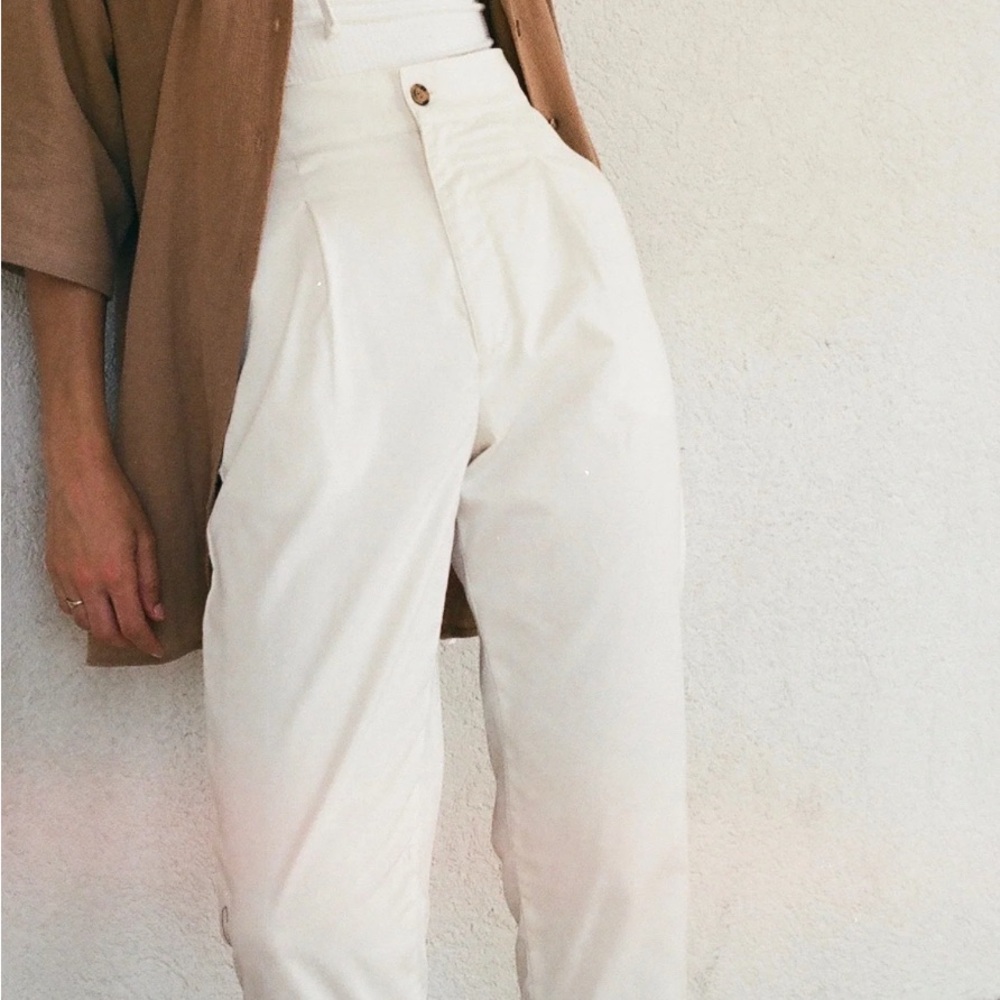 Cream High-Waisted Textured Trousers